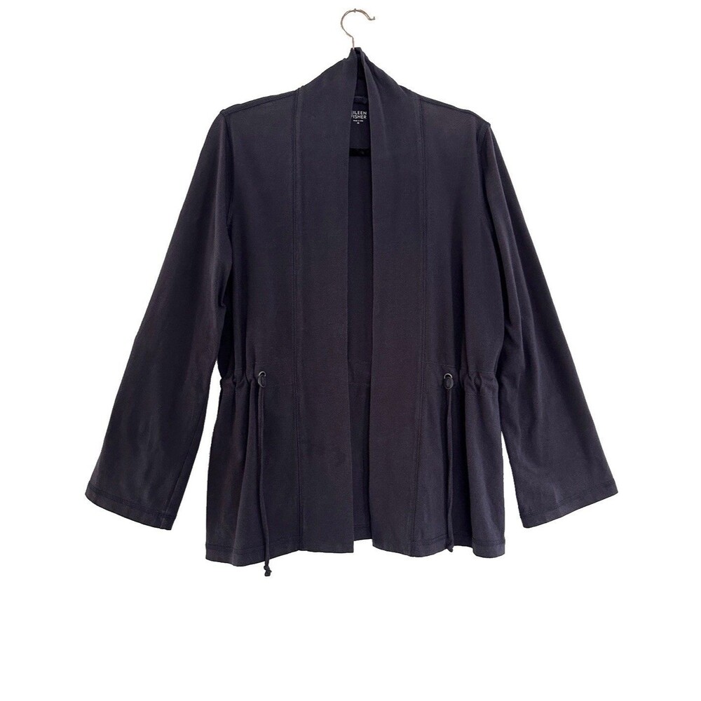 EILEEN FISHER Drawstring Cardigan M Stretch Organic Cotton Open Front Indigo